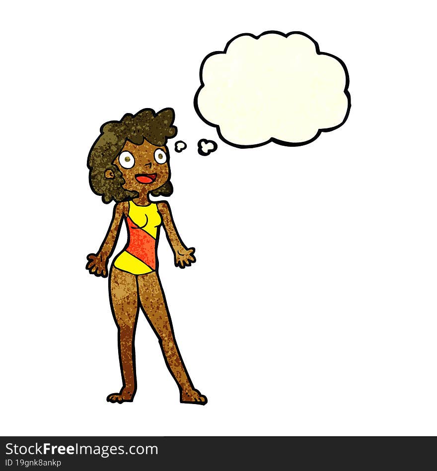 cartoon woman in swimming costume with thought bubble