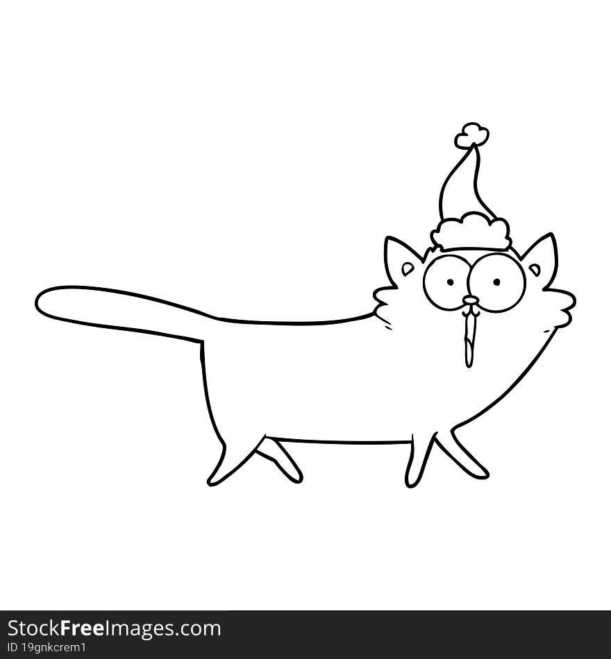 hand drawn line drawing of a cat wearing santa hat