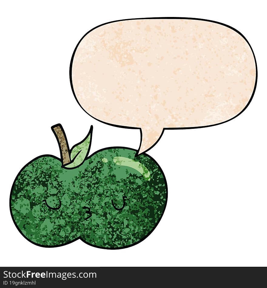 cartoon cute apple with speech bubble in retro texture style