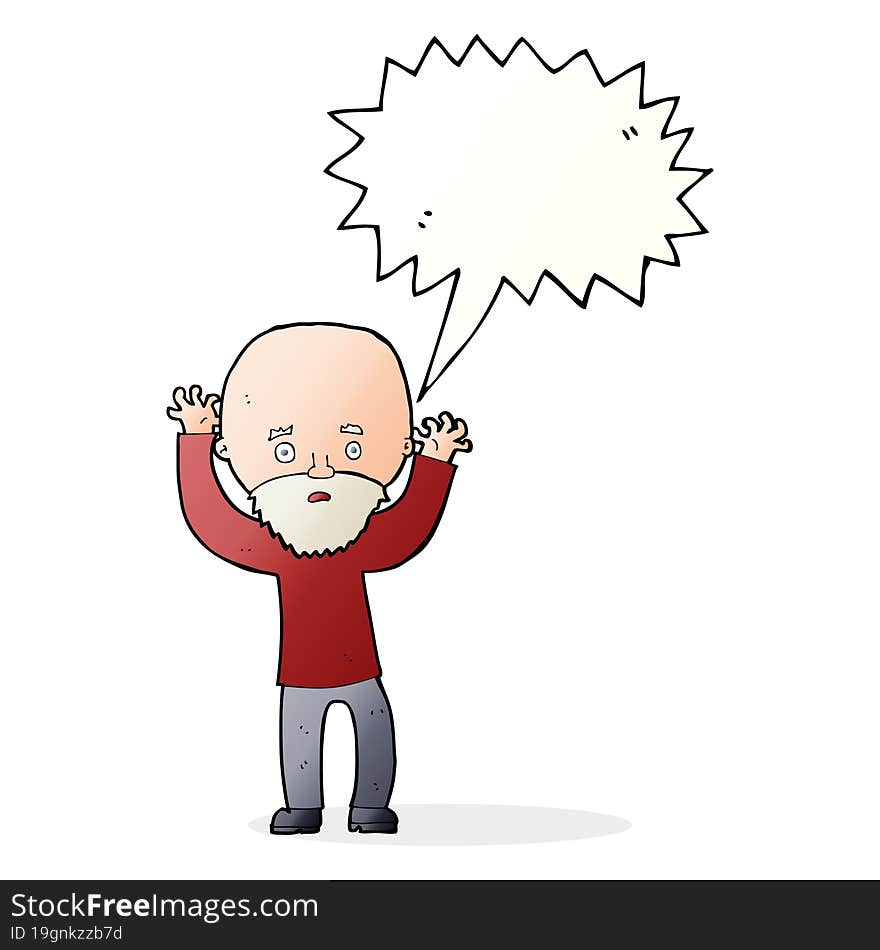 cartoon bearded man panicking with speech bubble