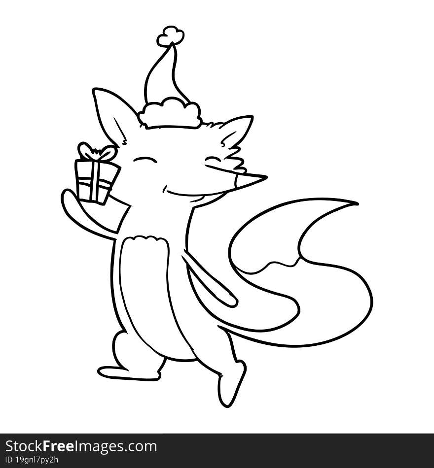 line drawing of a happy fox wearing santa hat