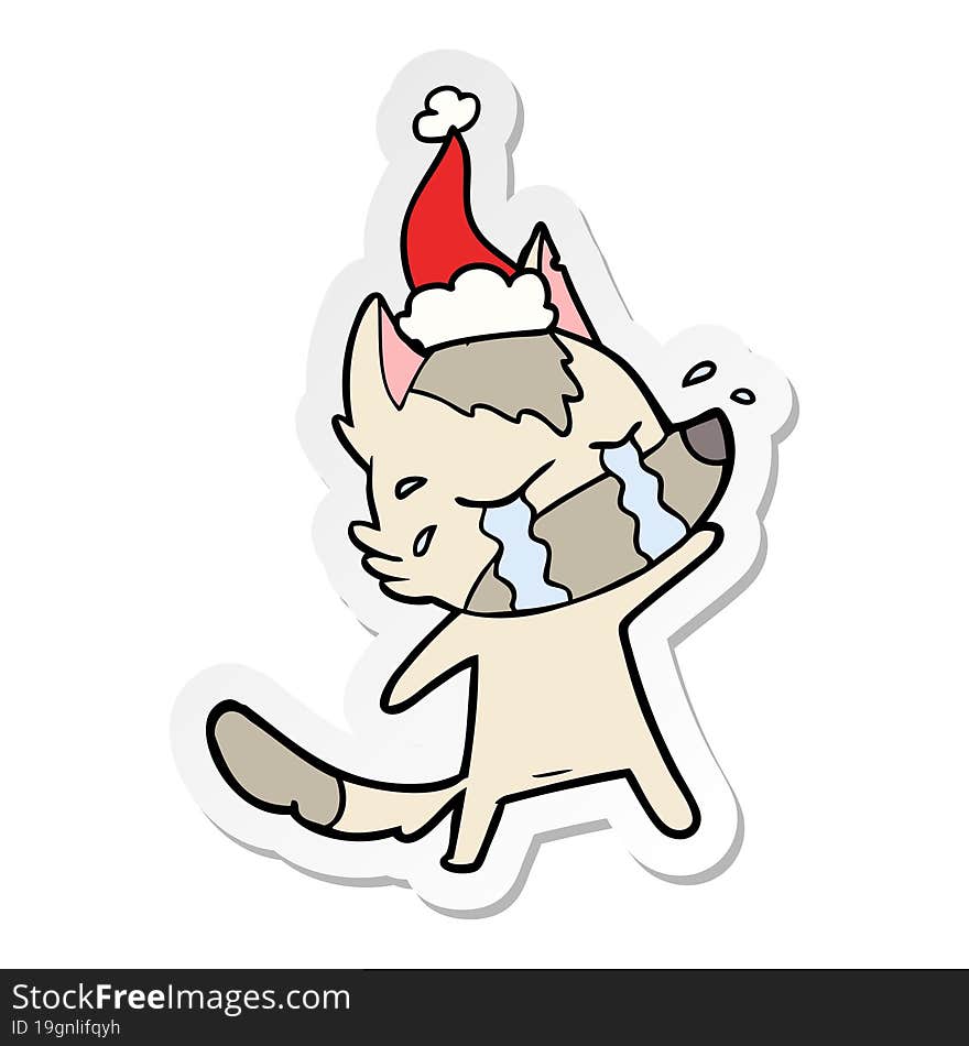 Sticker Cartoon Of A Crying Wolf Wearing Santa Hat