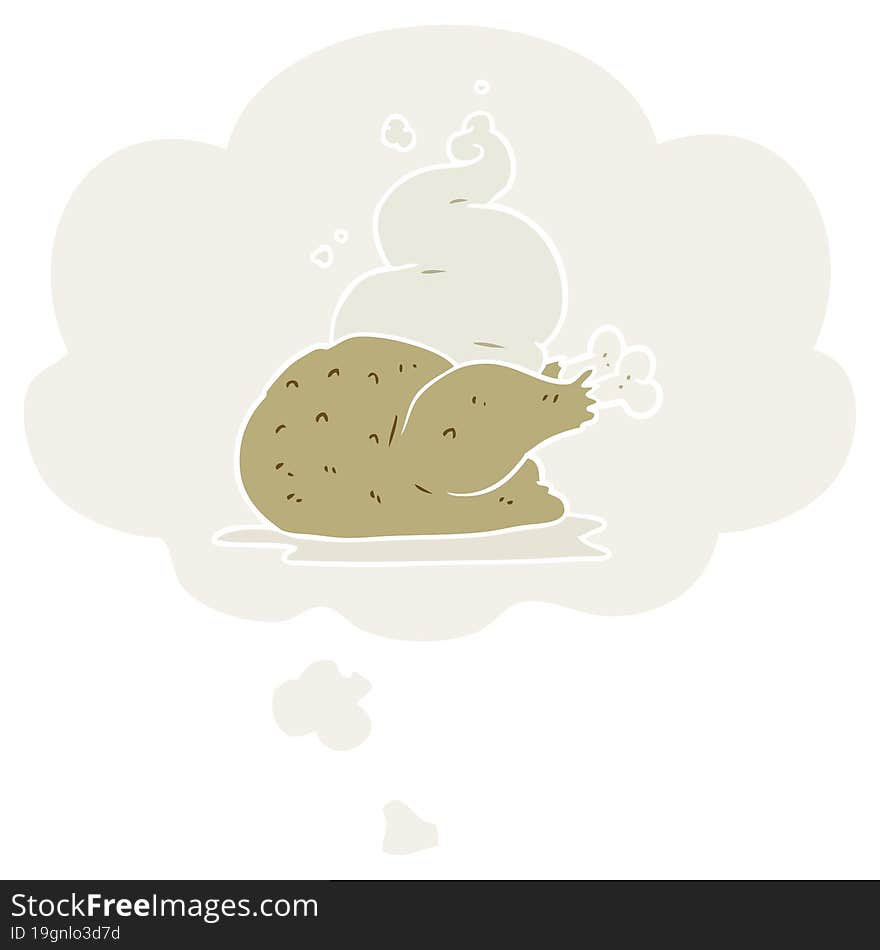 cartoon cooked chicken with thought bubble in retro style