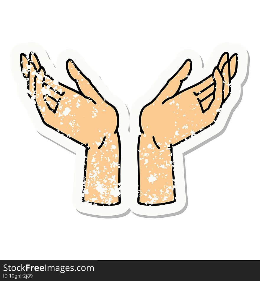 traditional distressed sticker tattoo of open hands