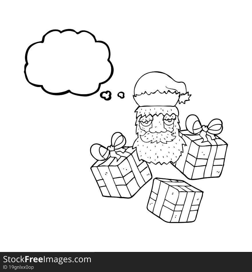 thought bubble cartoon tired santa claus face with presents