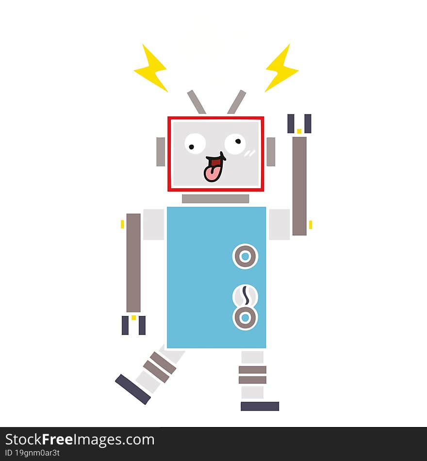 flat color retro cartoon of a crazy broken robot