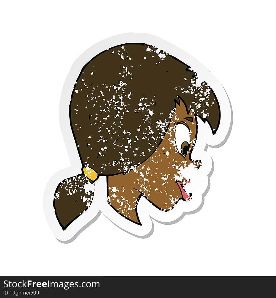 retro distressed sticker of a cartoon pretty female face