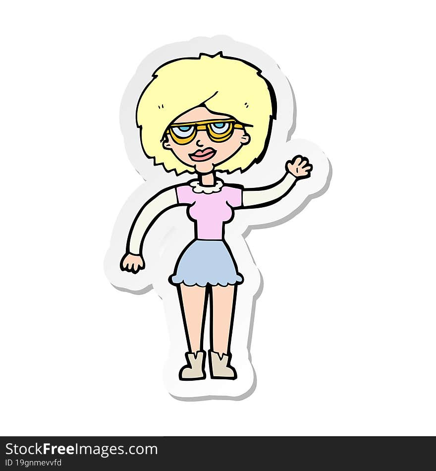 sticker of a cartoon waving woman wearing spectacles