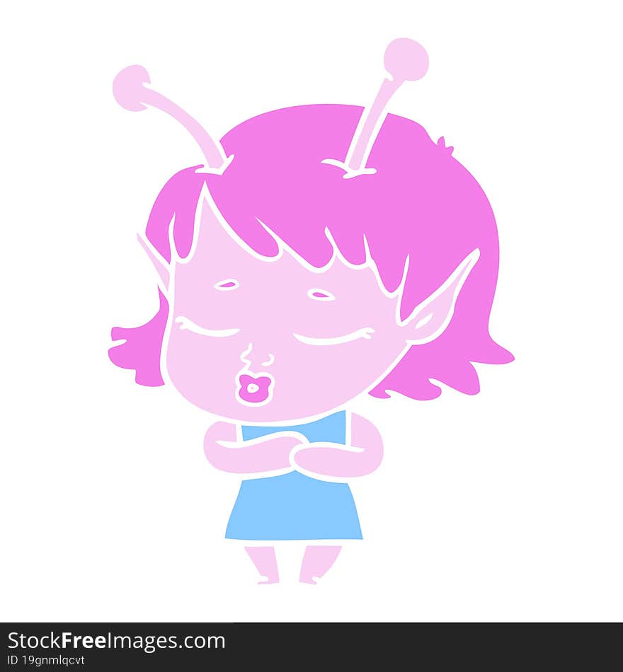 Cute Alien Girl Flat Color Style Cartoon