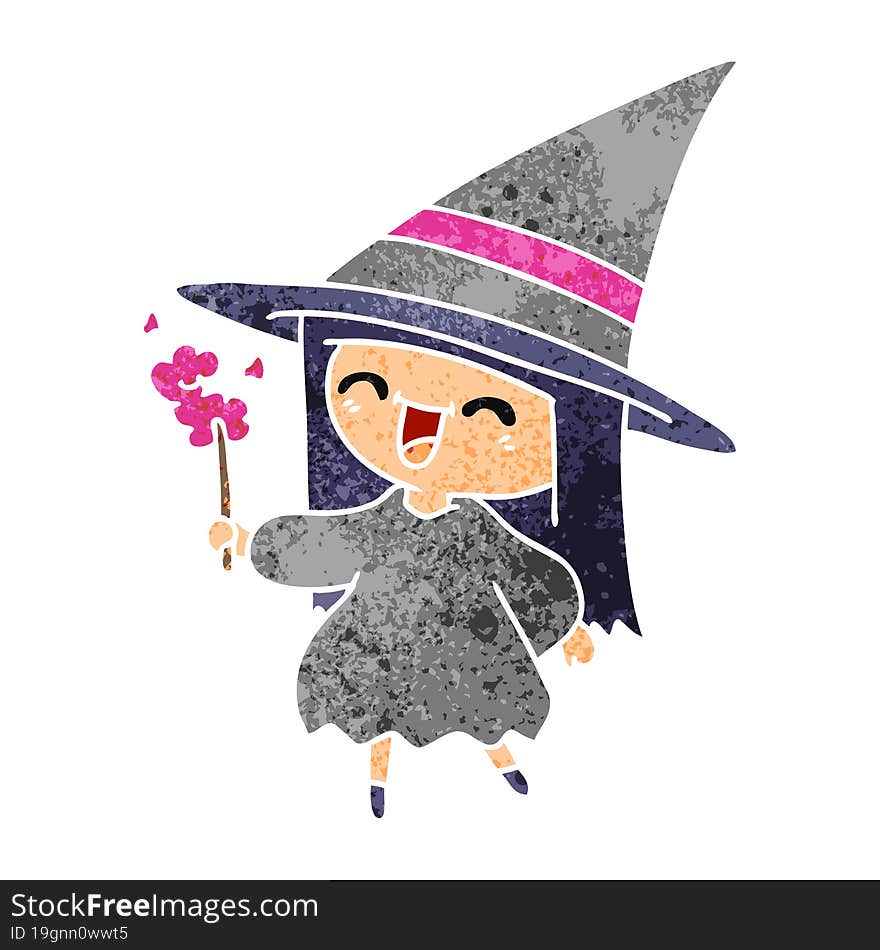 retro cartoon of cute kawaii witch