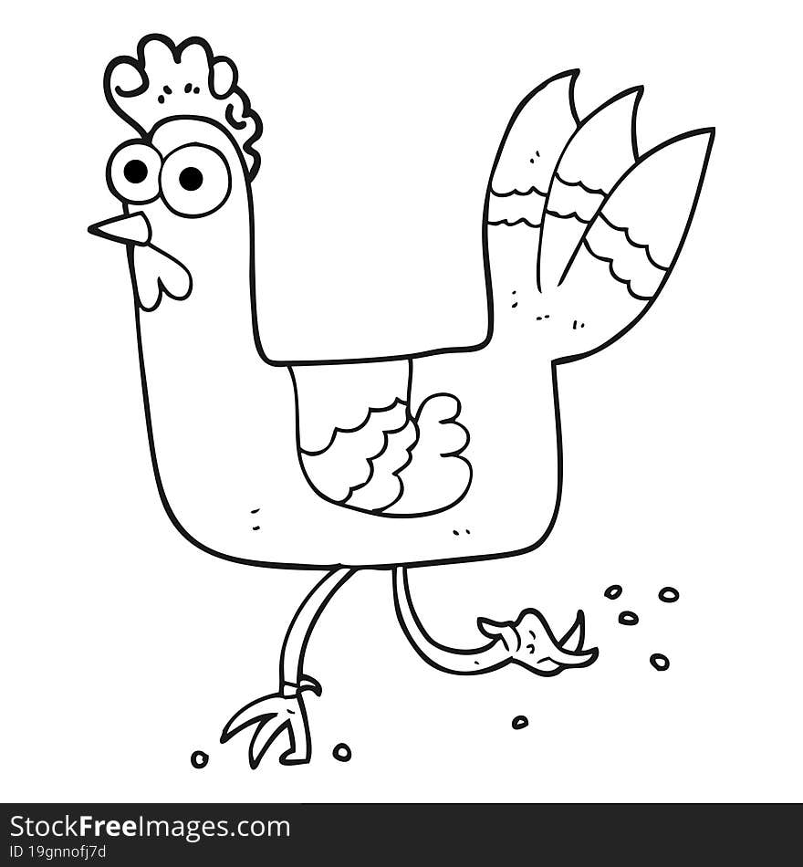 freehand drawn black and white cartoon chicken running