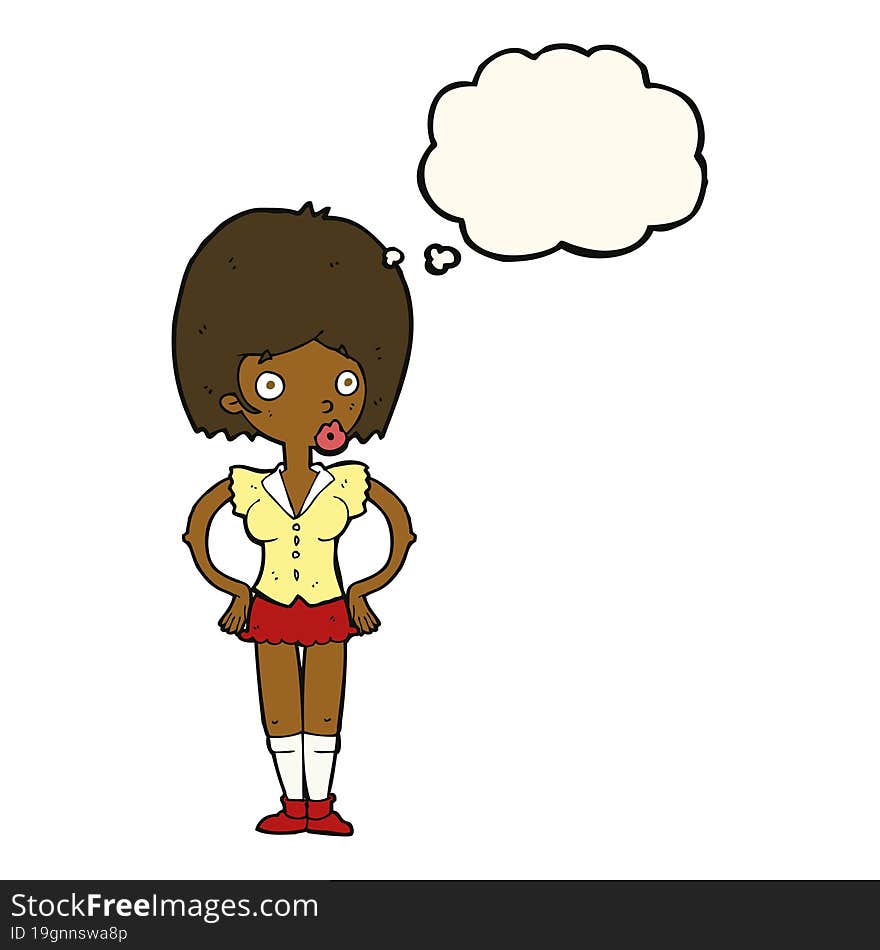 cartoon woman with hands on hips with thought bubble