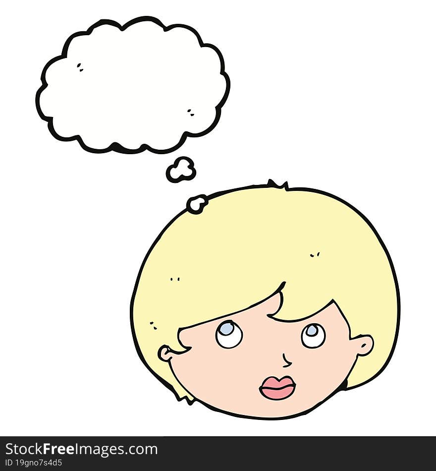 cartoon female face looking upwards with thought bubble