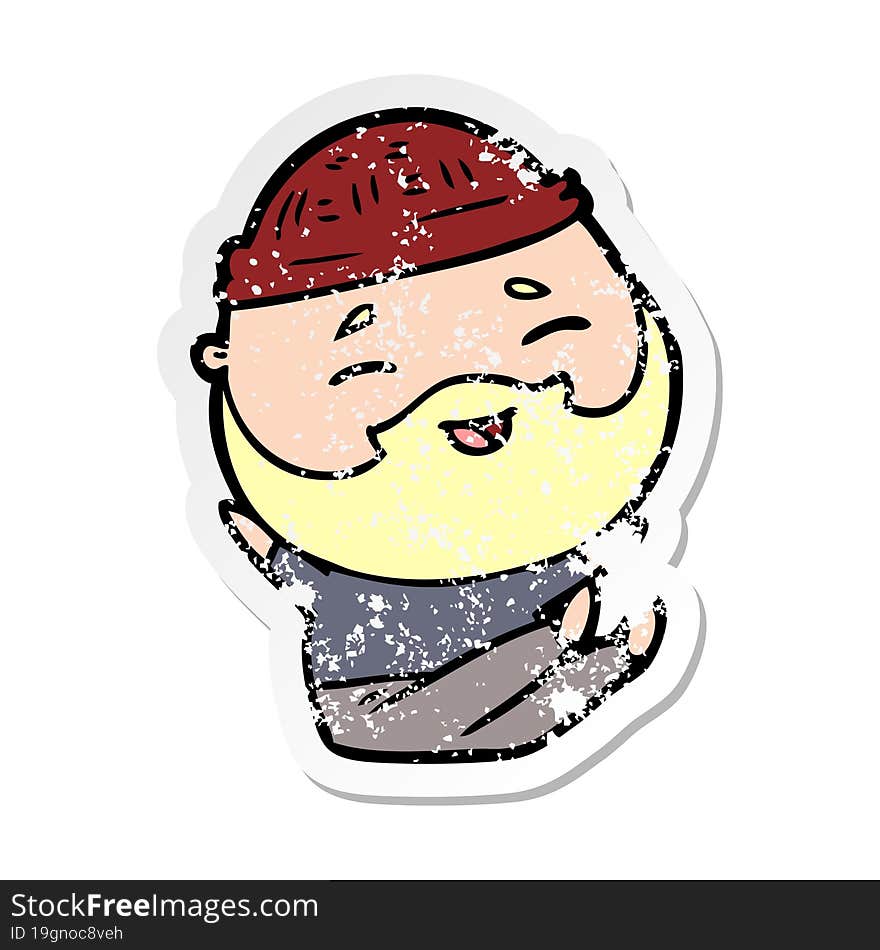 distressed sticker of a cartoon happy bearded man