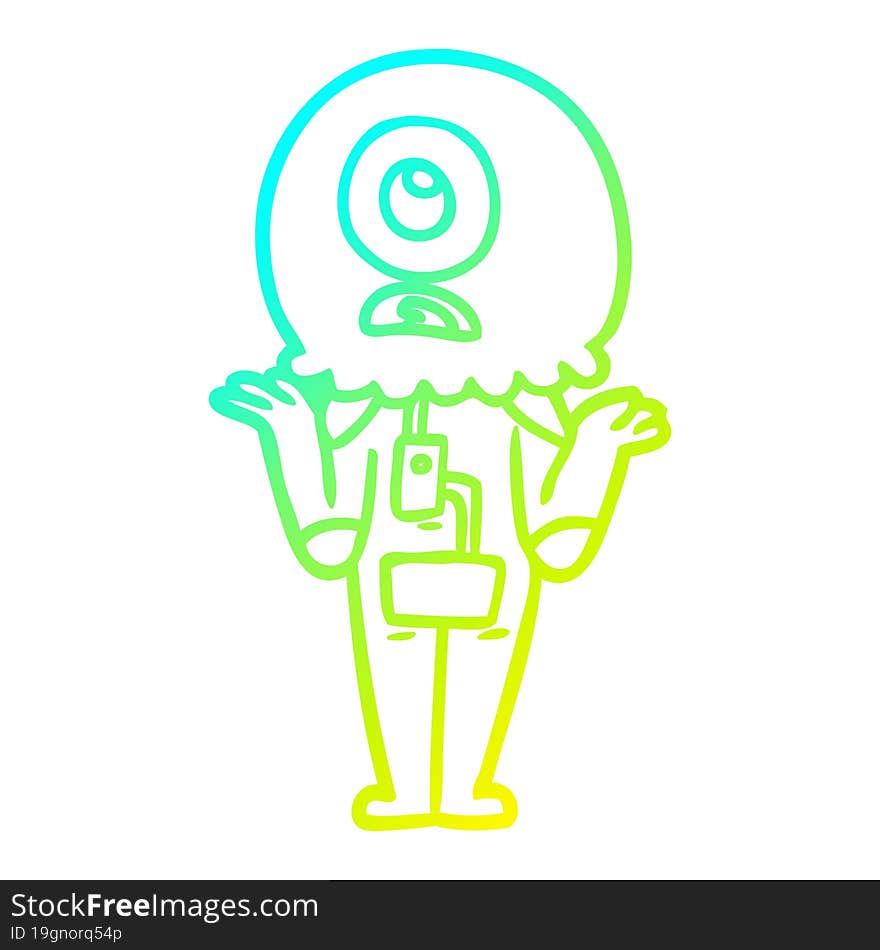 cold gradient line drawing of a cartoon cyclops alien spaceman shrugging shoulders