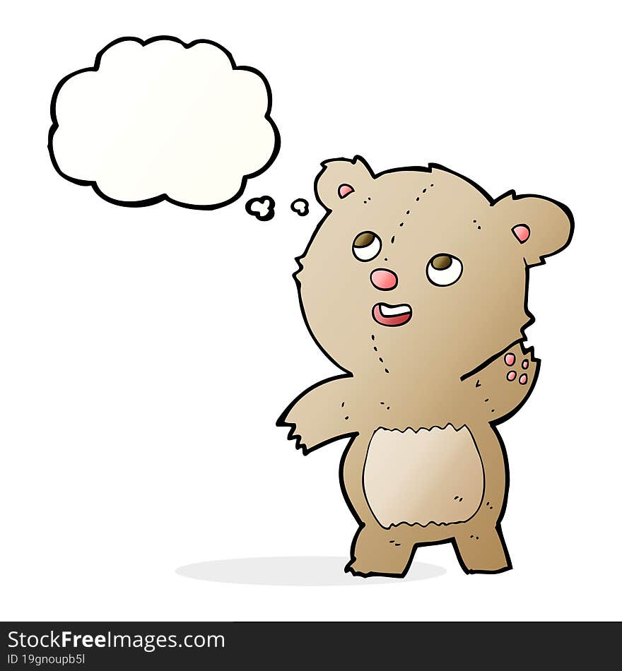 cartoon cute waving teddy bear with thought bubble