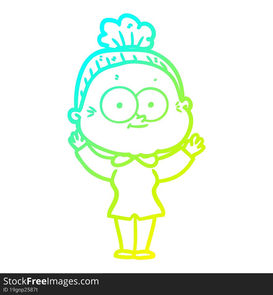 cold gradient line drawing cartoon happy old woman