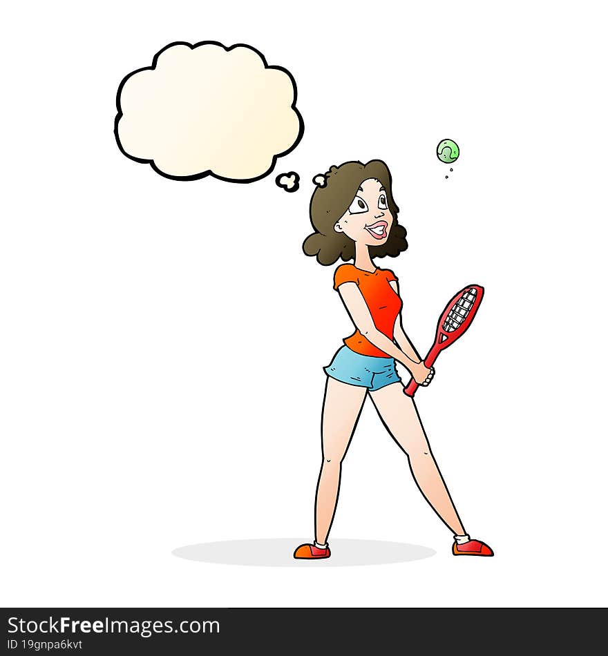 Cartoon Woman Playing Tennis With Thought Bubble