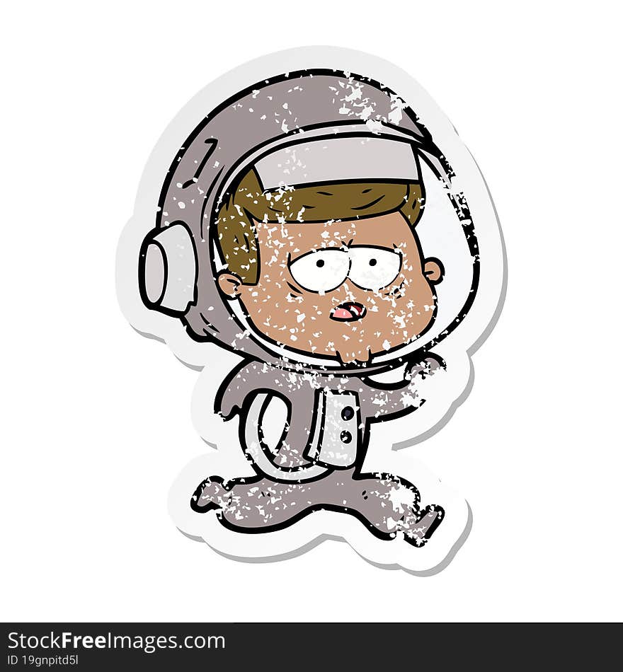 distressed sticker of a cartoon tired astronaut