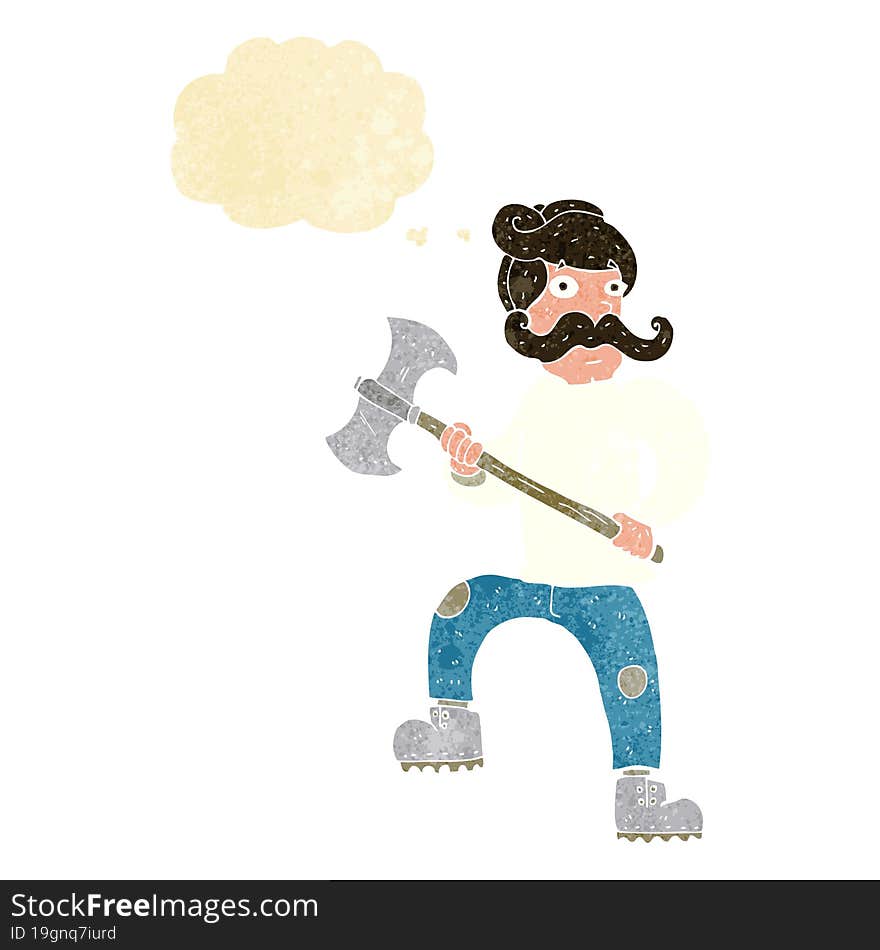 cartoon man with axe with thought bubble