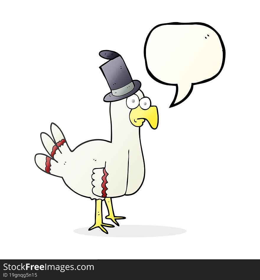 freehand drawn speech bubble cartoon bird wearing top hat