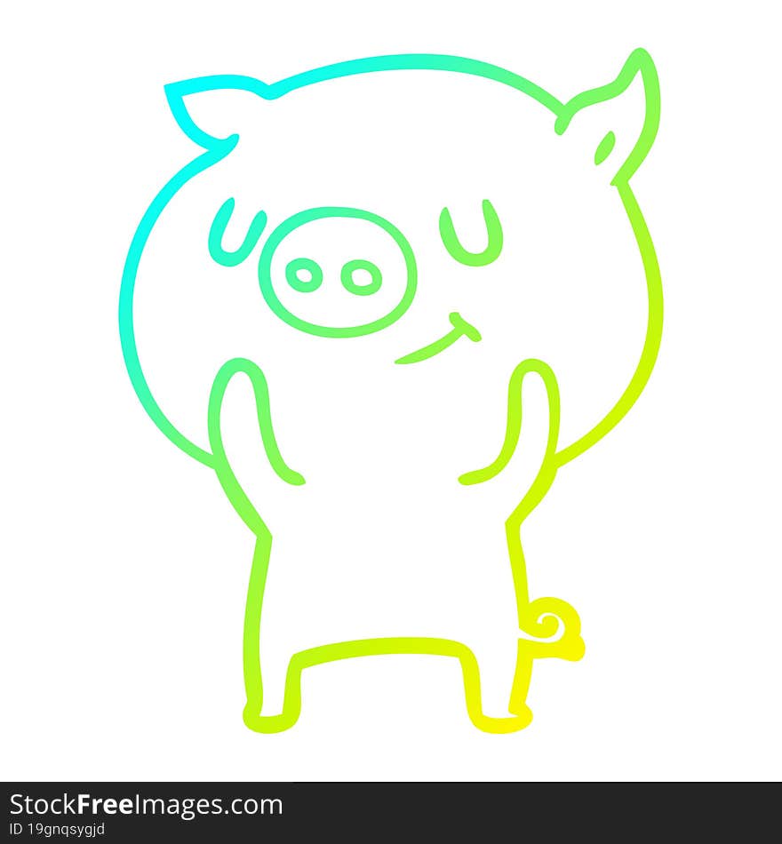 cold gradient line drawing of a happy cartoon pig