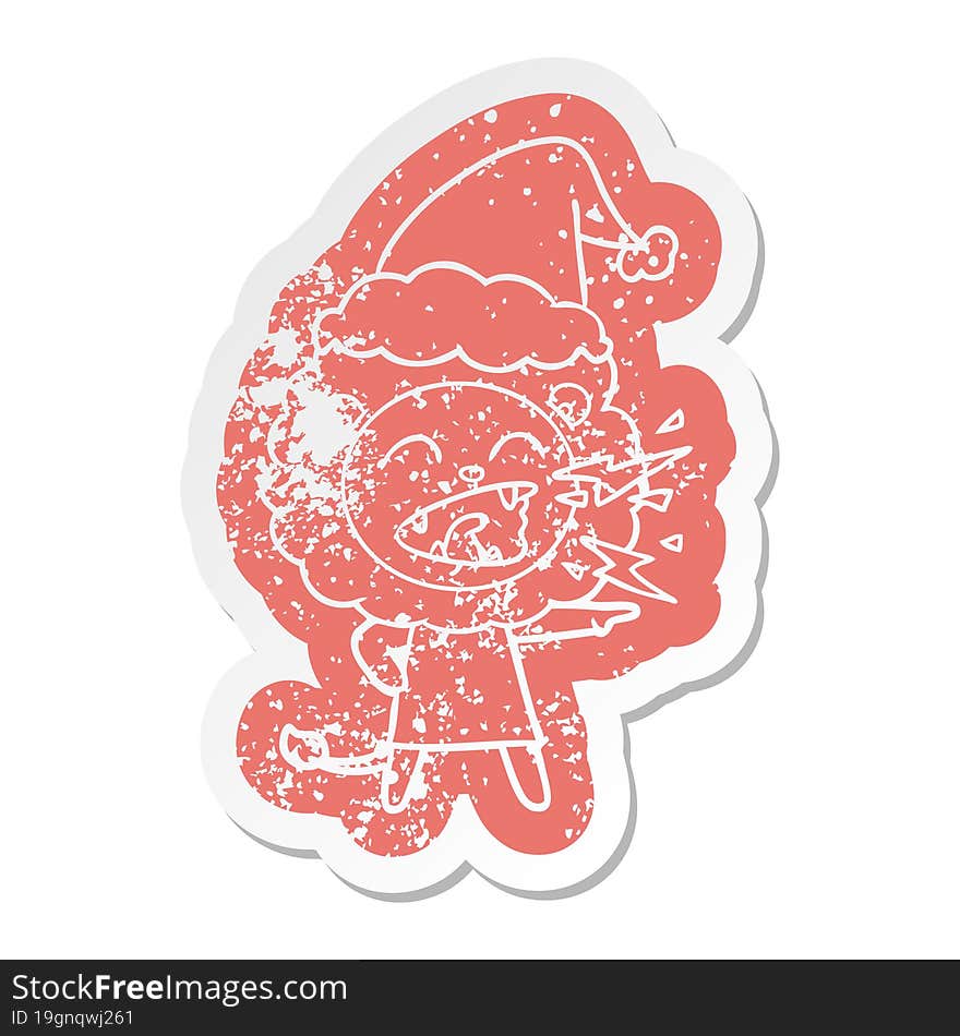 cartoon distressed sticker of a roaring lion girl wearing santa hat