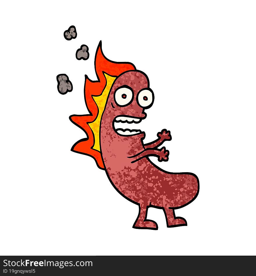 Grunge Textured Illustration Cartoon Flaming Hotdog