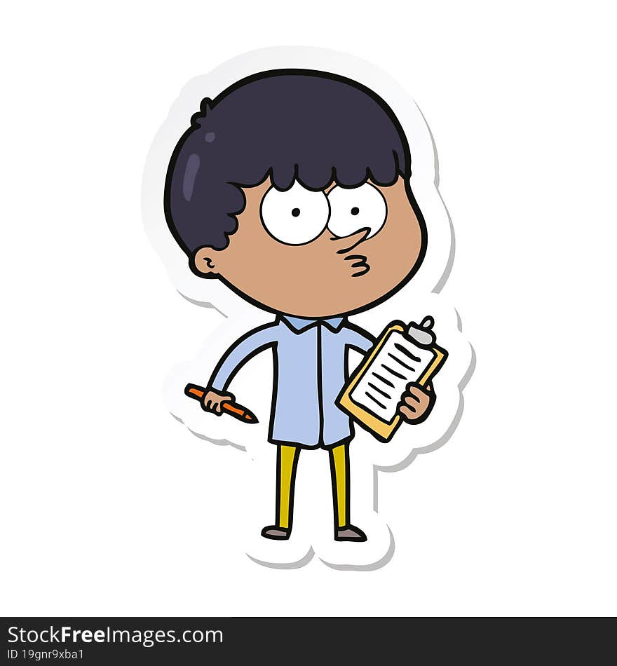 sticker of a cartoon curious boy taking notes