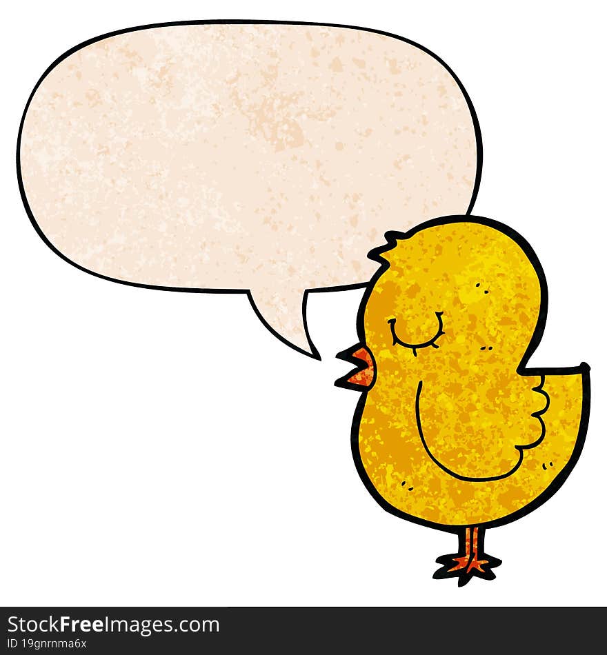 cartoon bird and speech bubble in retro texture style