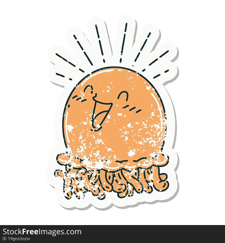 grunge sticker of tattoo style happy jellyfish