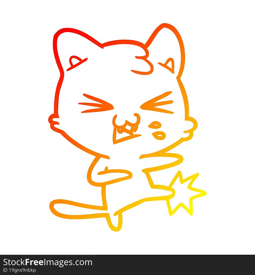 warm gradient line drawing of a cartoon cat hissing