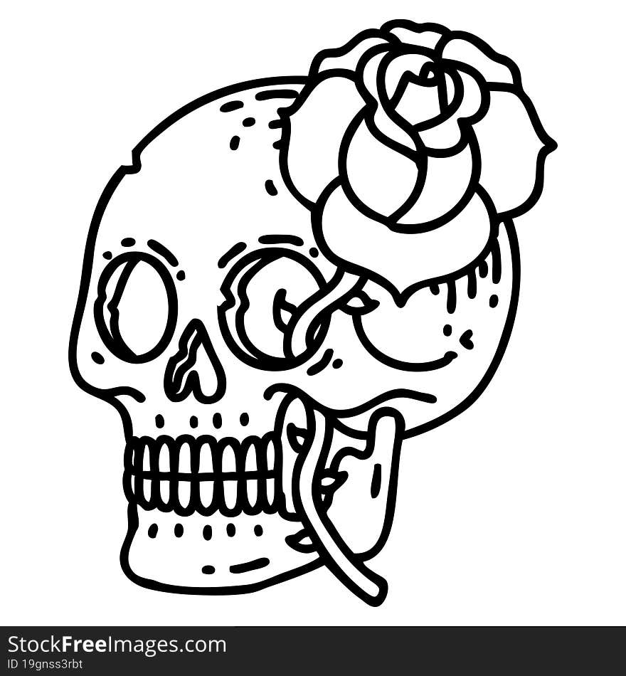 tattoo in black line style of a skull and rose. tattoo in black line style of a skull and rose