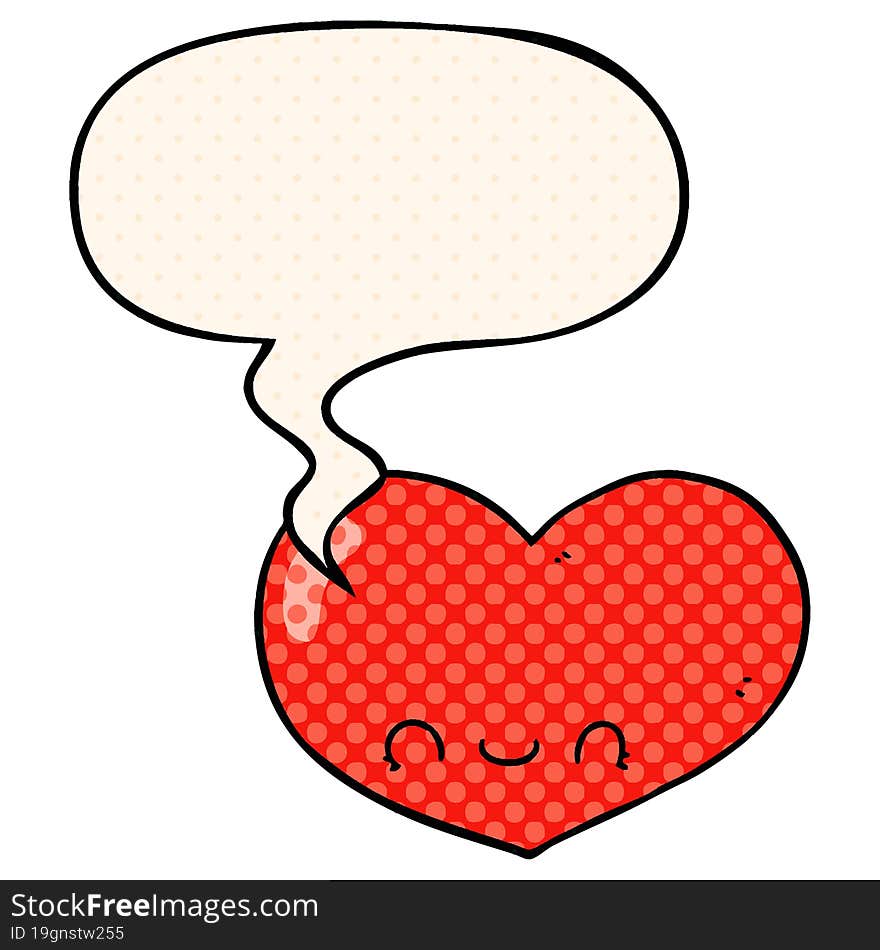 cartoon love heart character and speech bubble in comic book style