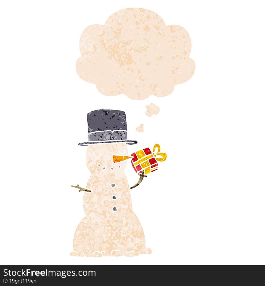 cartoon christmas snowman and thought bubble in retro textured style