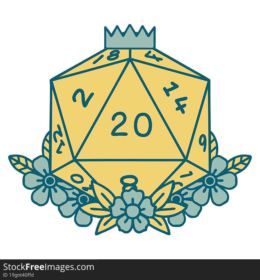 Natural 20 D20 Dice Roll With Floral Elements Illustration