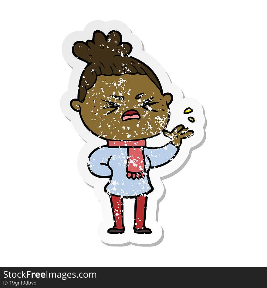 distressed sticker of a cartoon angry woman