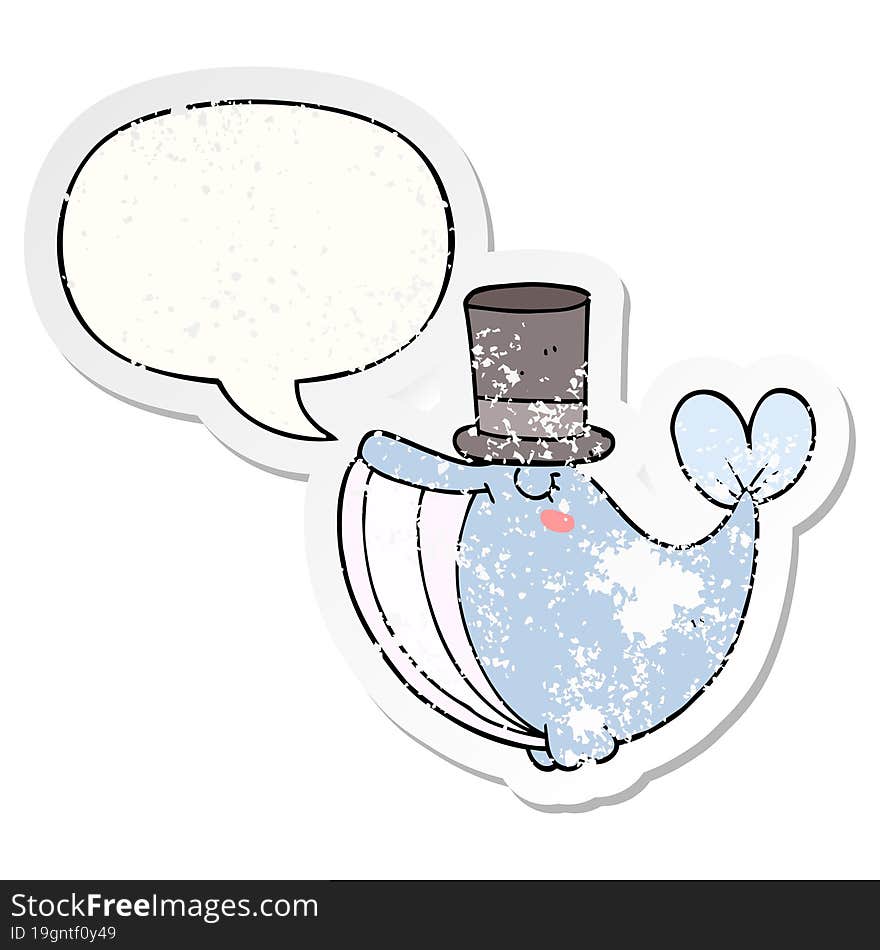 cartoon whale and top hat and speech bubble distressed sticker