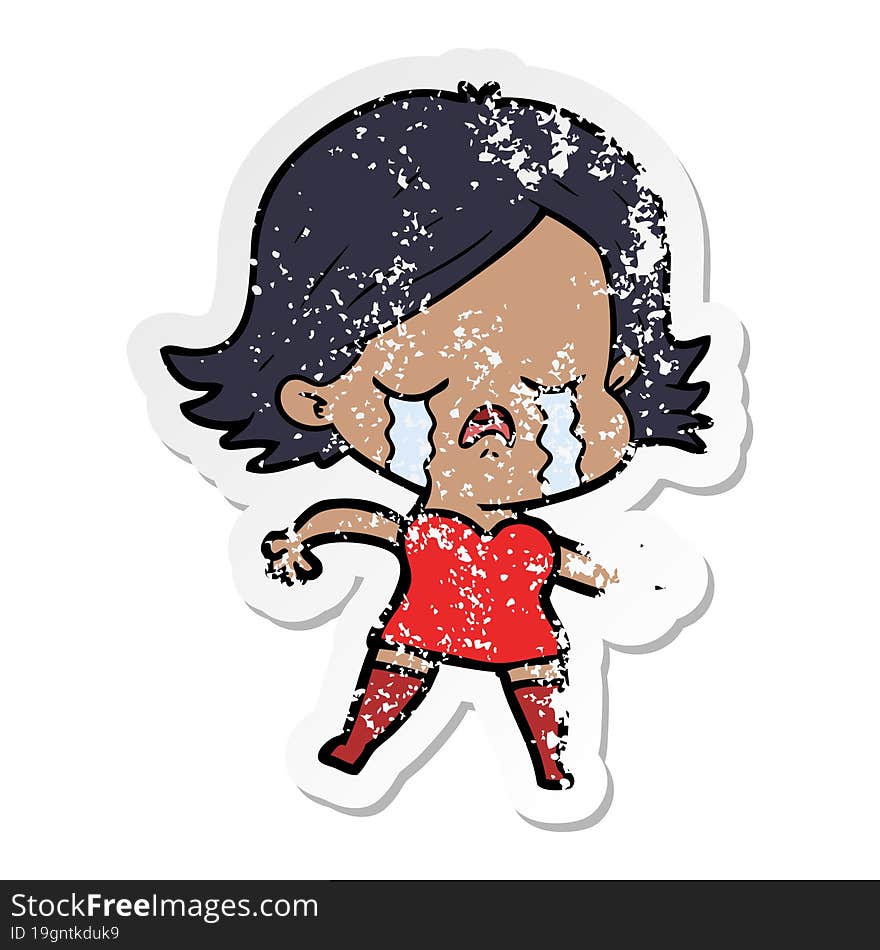 distressed sticker of a cartoon girl crying and pointing