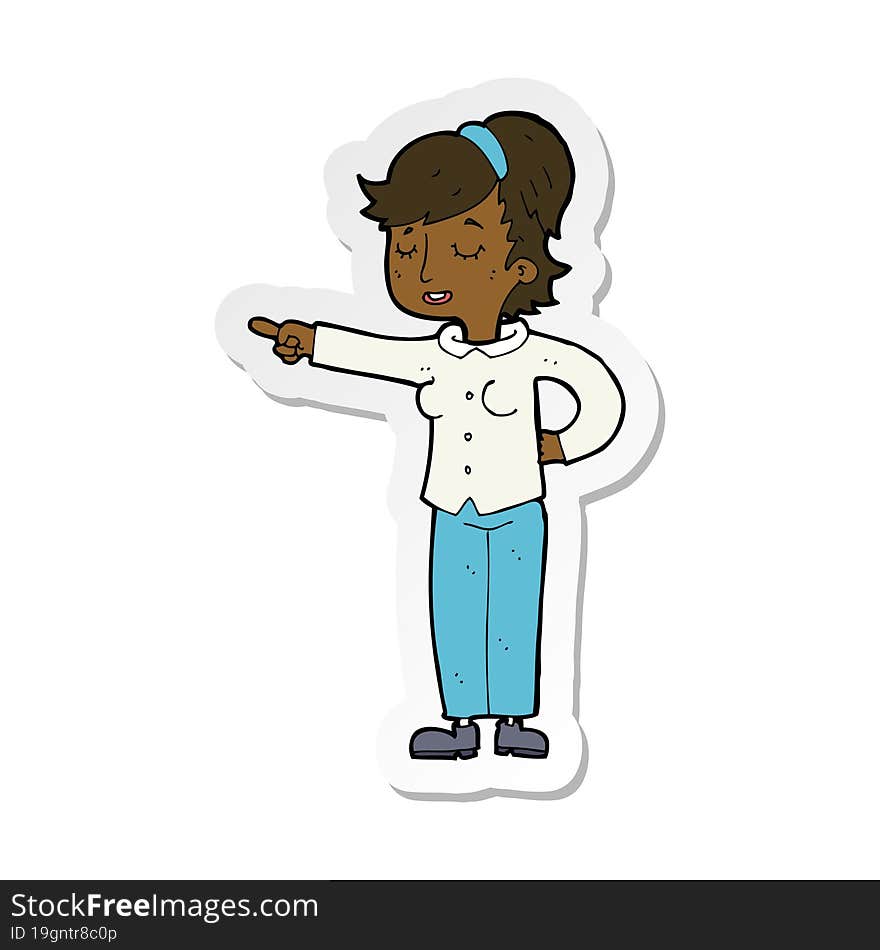 sticker of a cartoon friendly woman pointing