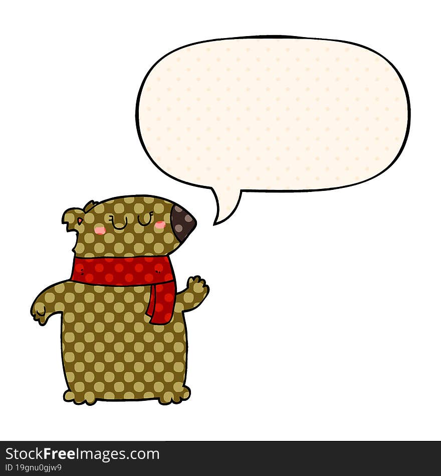 cartoon bear and scarf and speech bubble in comic book style