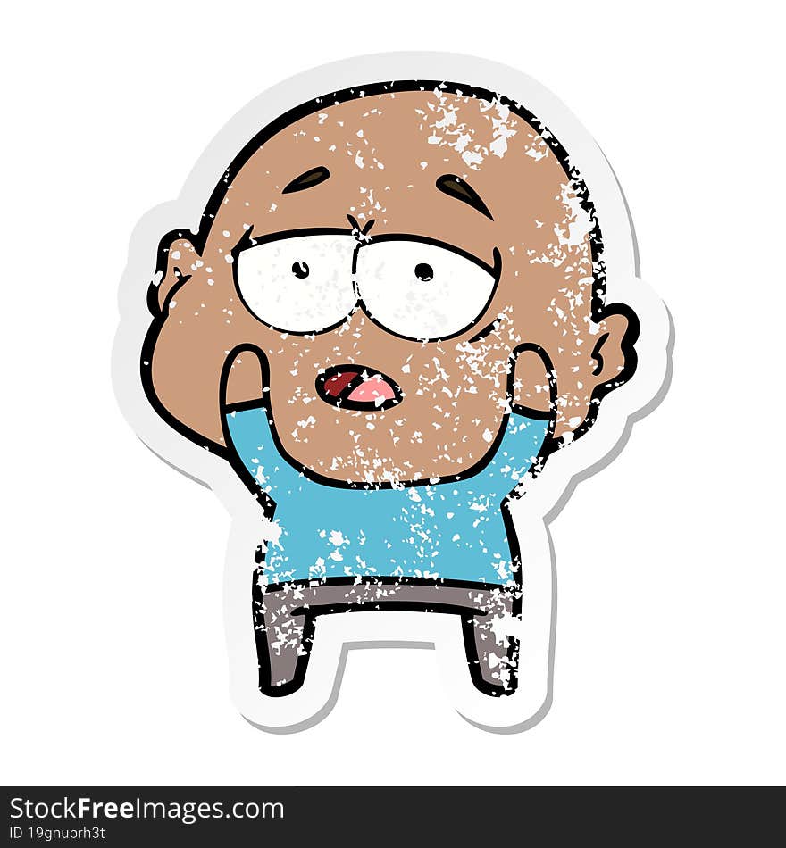 distressed sticker of a cartoon tired bald man