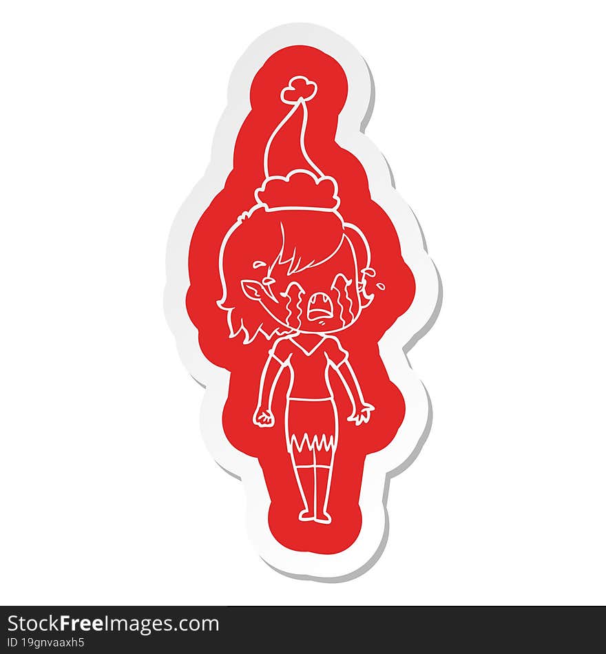 cartoon  sticker of a crying vampire girl wearing santa hat