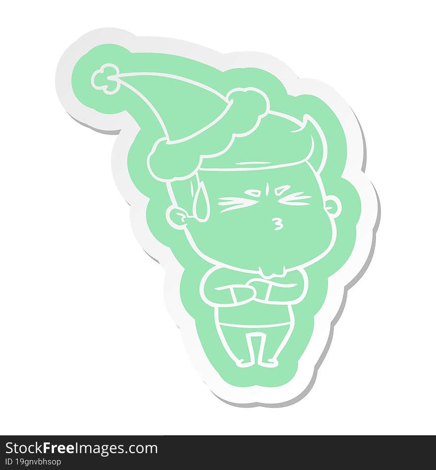 Cartoon  Sticker Of A Frustrated Man Wearing Santa Hat