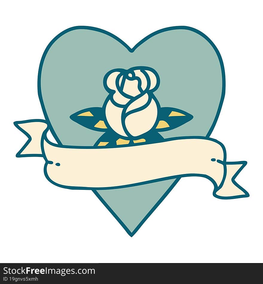 tattoo style icon of a heart rose and banner