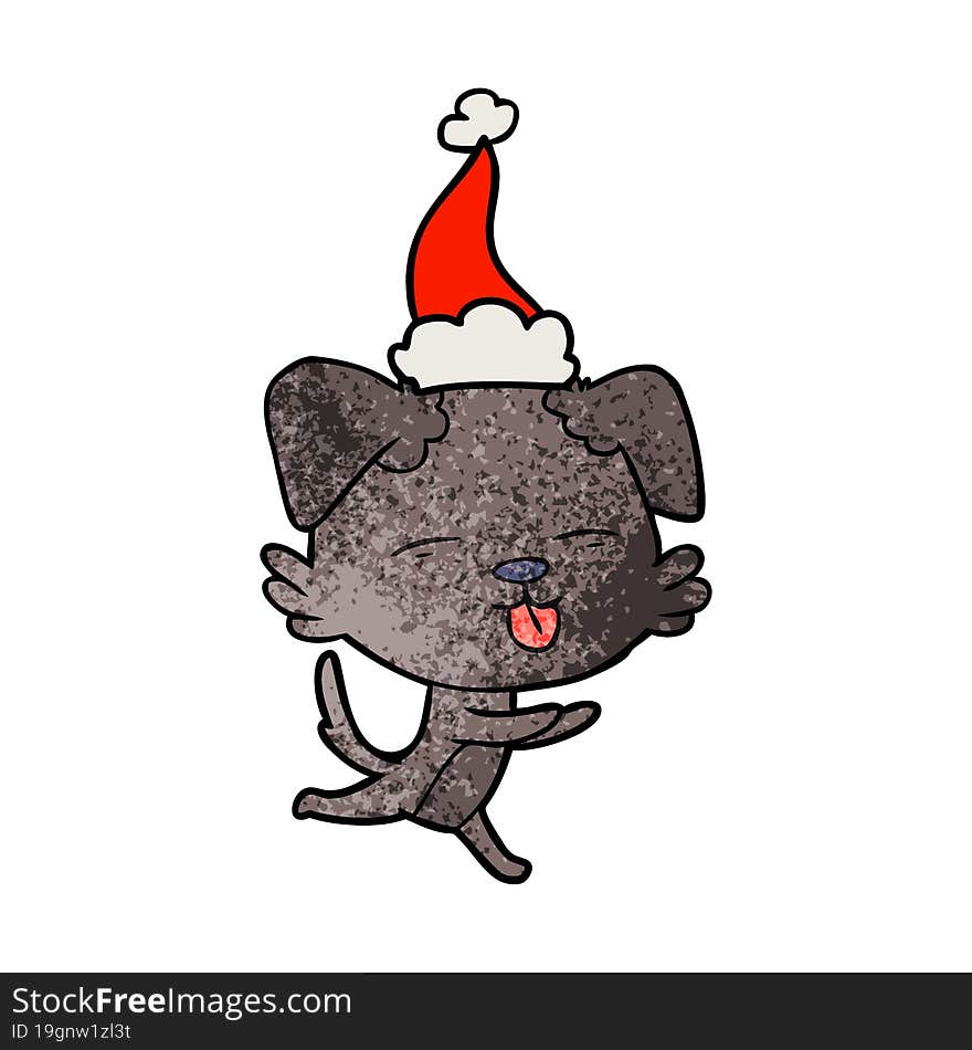 textured cartoon of a dog sticking out tongue wearing santa hat