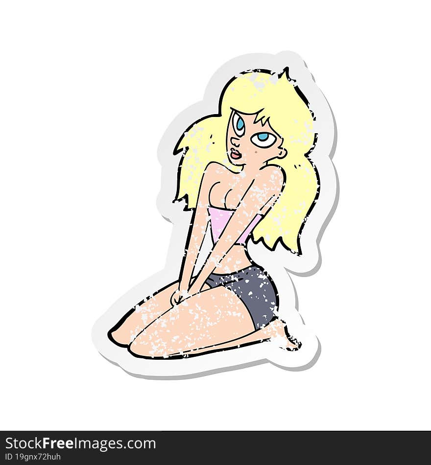 retro distressed sticker of a cartoon woman in skimpy clothing