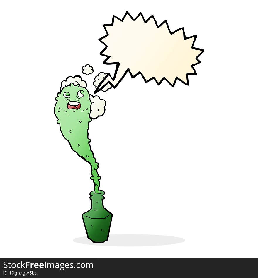 cartoon spooky ghost in bottle with speech bubble