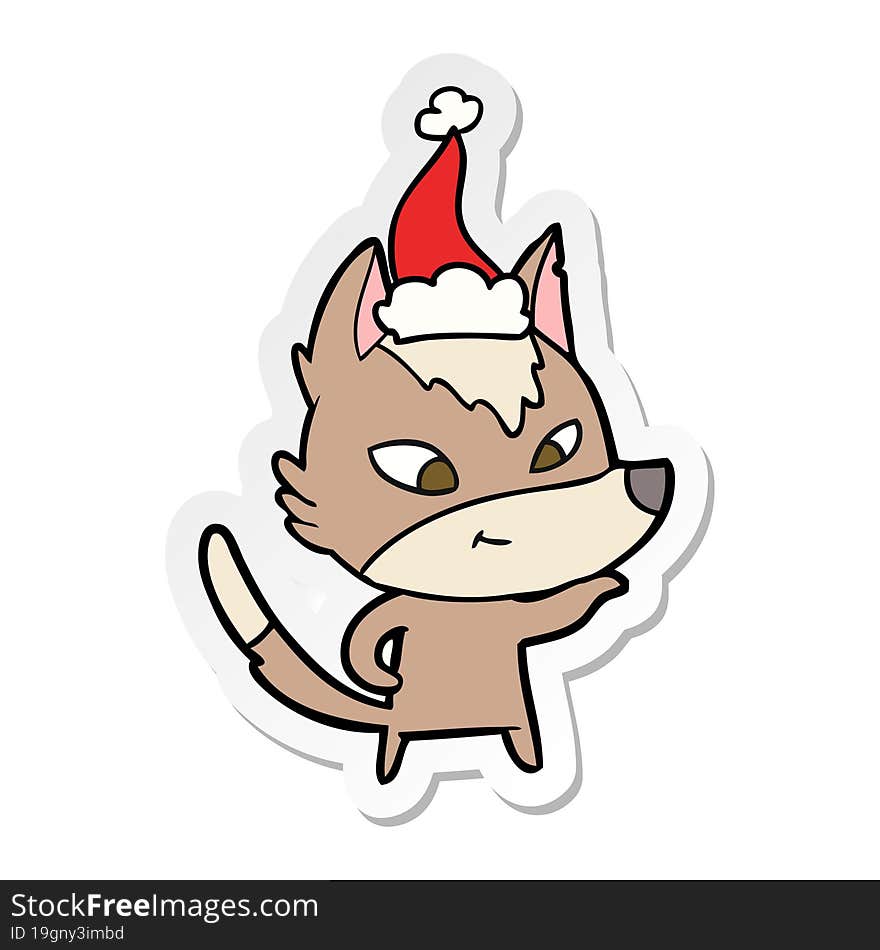 friendly sticker cartoon of a wolf wearing santa hat