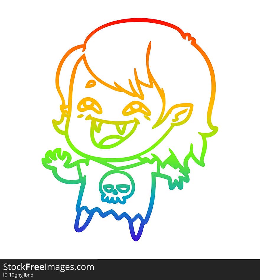 rainbow gradient line drawing of a cartoon laughing vampire girl